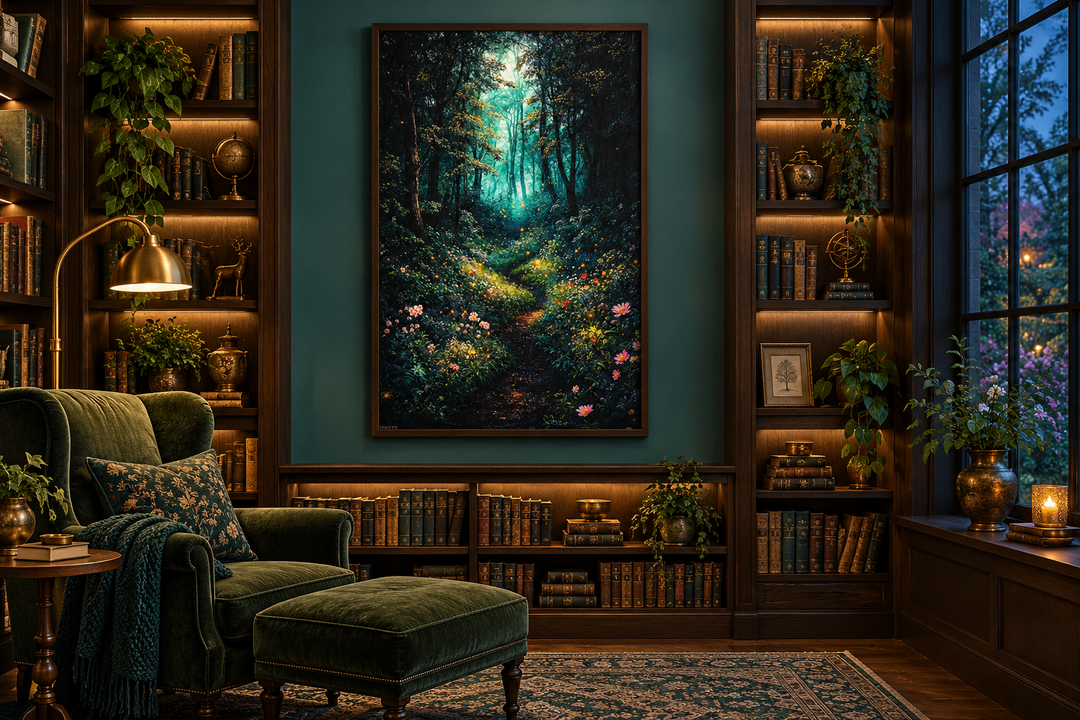 Enchanted forest framed canvas wall art with mystical lights in a dark wood library setting.