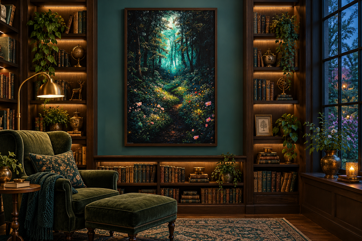 Enchanted forest framed canvas wall art with mystical lights in a dark wood library setting.