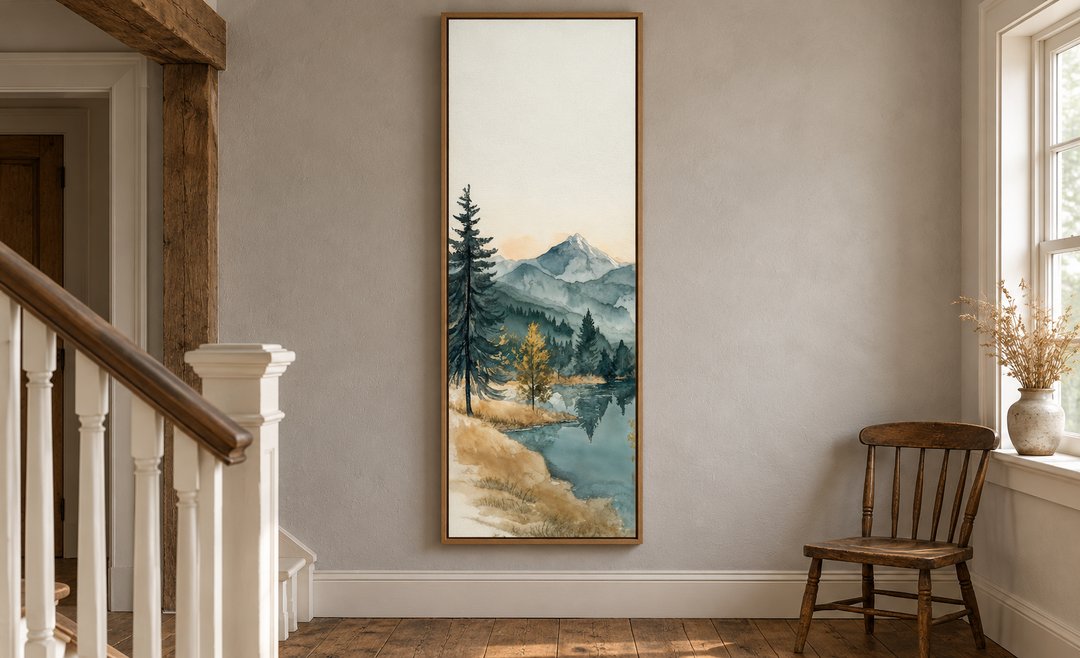Toile murale verticale haute et étroite représentant un lac de montagne.