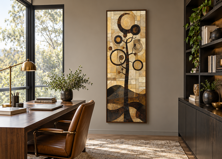 Tall vertical mid century modern tree canvas wall art with geometric gold and black patterns.