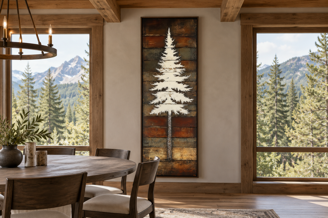 Tall vertical rustic pine tree canvas wall art on a wood-paneled wall in a cabin dining room.