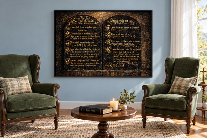 Dark gold Ten Commandments Christian canvas wall art in a black frame above two green armchairs.