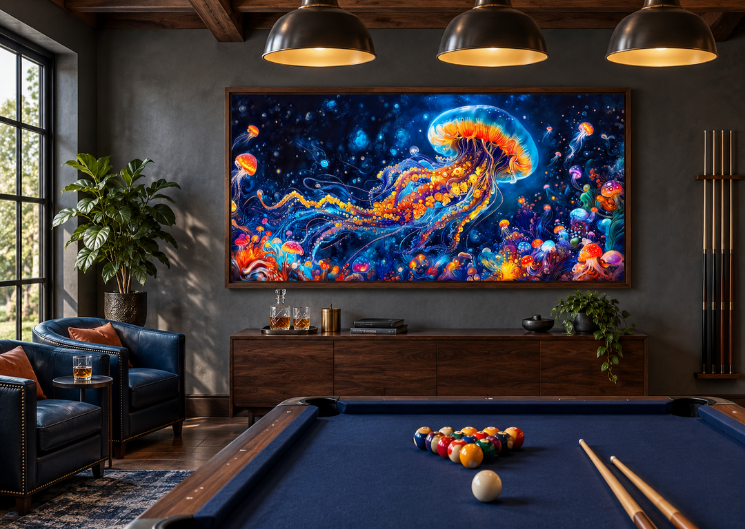 Underwater scene with trippy jellyfish framed canvas wall art in a modern game room.