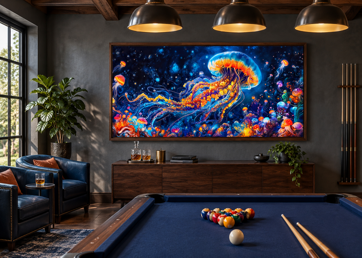 Underwater scene with trippy jellyfish framed canvas wall art in a modern game room.