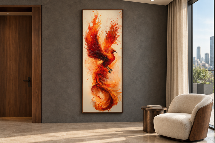 Tall narrow framed canvas wall art of a fiery orange and red phoenix rising on a beige background.