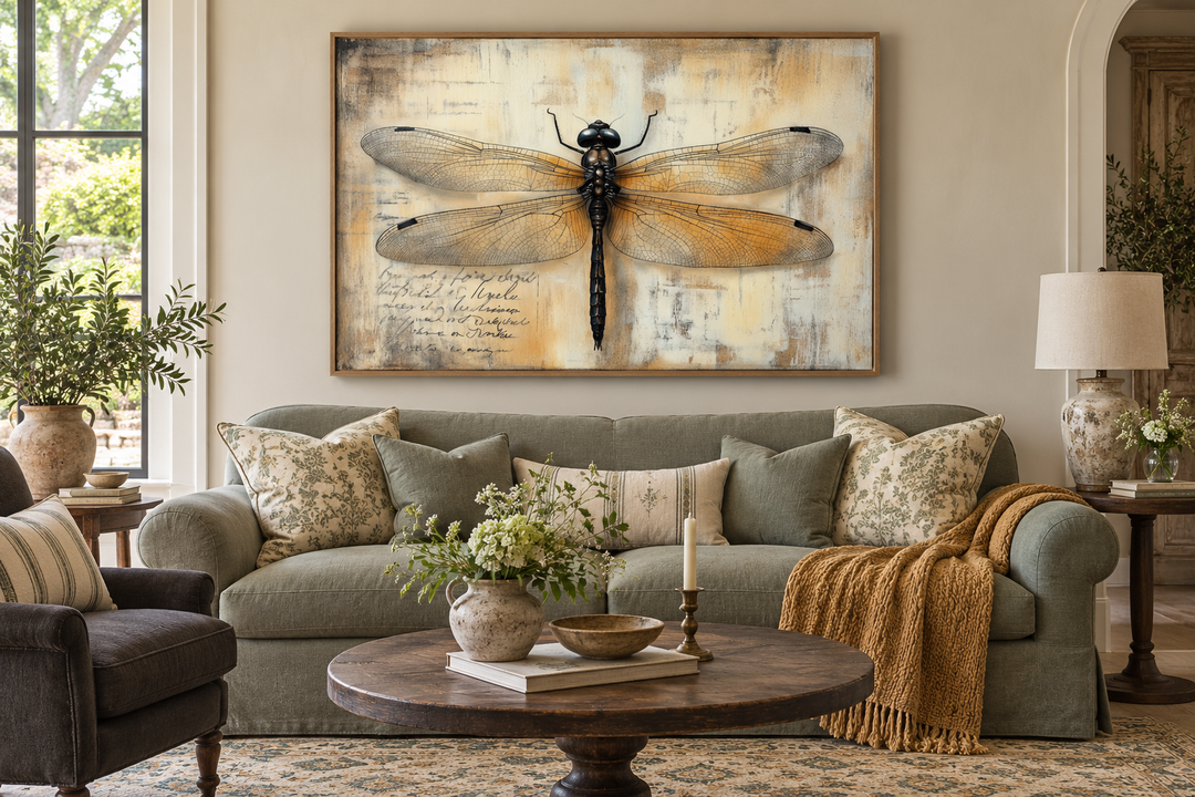 Vintage dragonfly illustration framed wall art above a green sofa in a rustic living room.