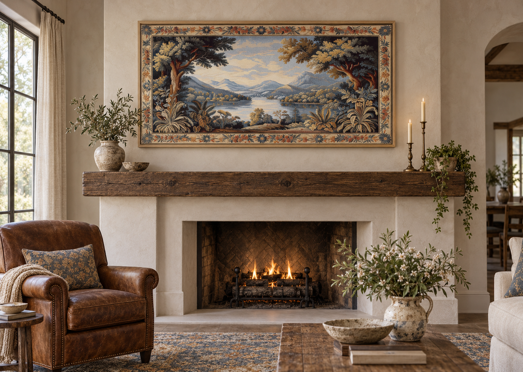 Antique river landscape framed tapestry canvas wall art hanging above a rustic wooden fireplace.