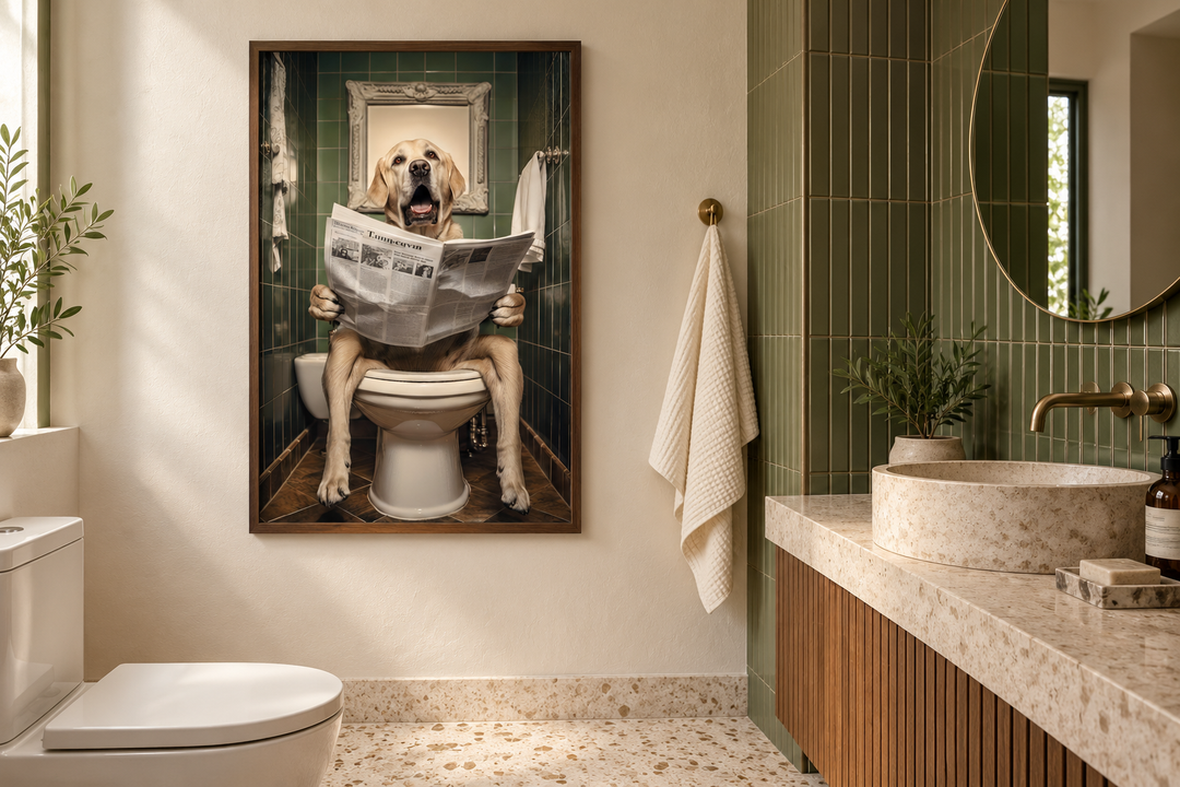 Framed wall art of a white Labrador Retriever sitting on a toilet reading a newspaper in a bathroom.