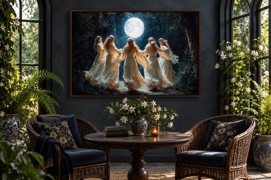 Wiccan Goddesses dancing in a forest under a full moon, framed canvas art in a botanical room.