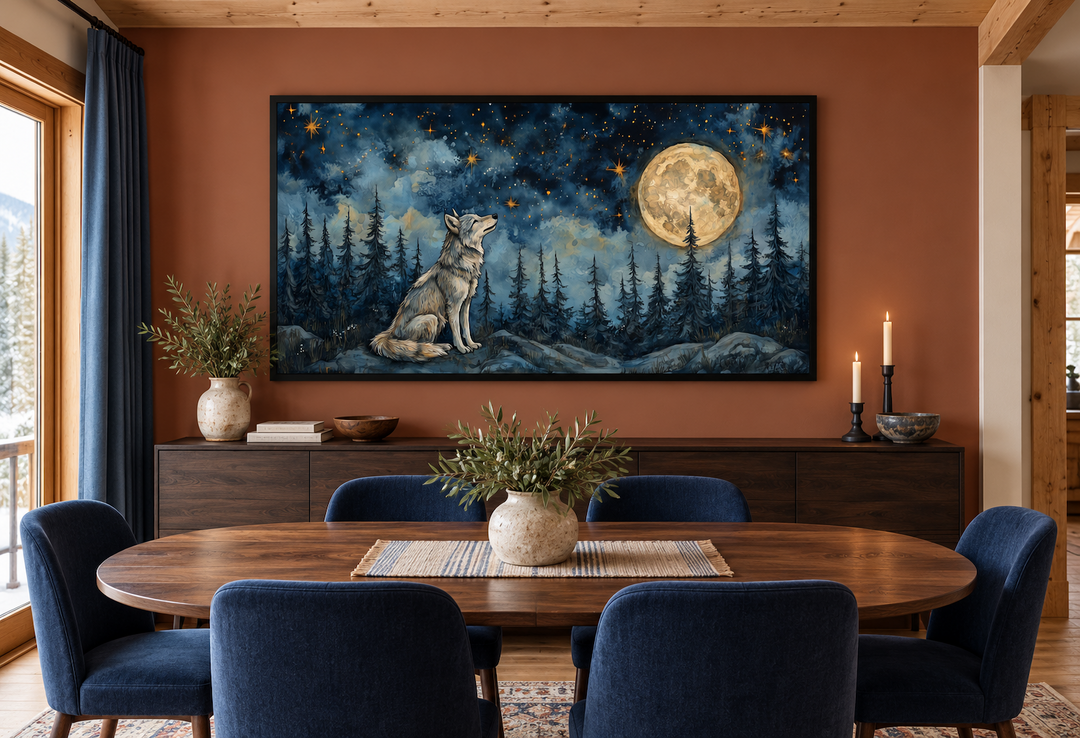 Wolf wall art canvas featuring a wolf under a full moon in a night forest, framed in a dining room.