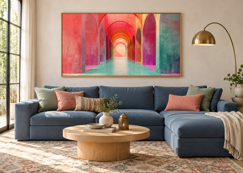 Mediterranean Archways wall art in pink and green tones framed above a blue sectional sofa.