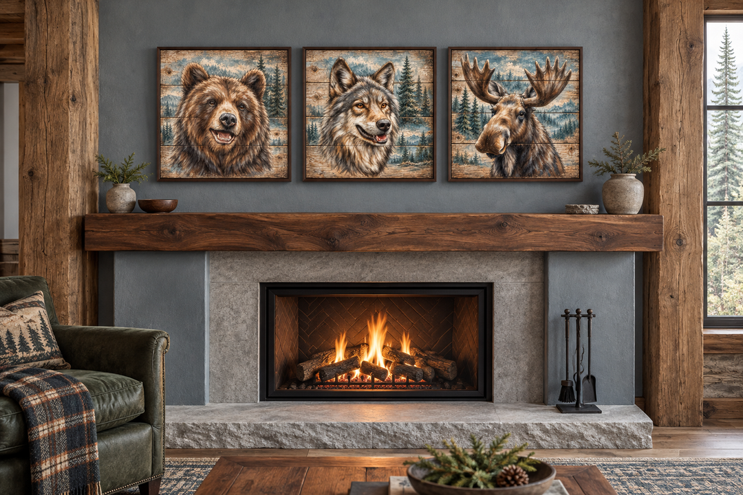 Set of three framed wildlife canvas prints featuring a bear, wolf, and moose above a fireplace.