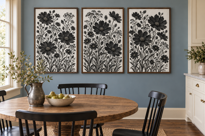Set of 3 black and white wildflower canvas prints in wood frames on a blue wall in a dining room.