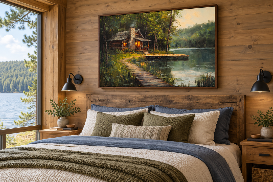 Cabin On The Lake Framed Canvas Wall Art hanging above a bed in a rustic wooden bedroom.