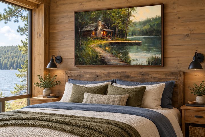 Cabin On The Lake Framed Canvas Wall Art hanging above a bed in a rustic wooden bedroom.