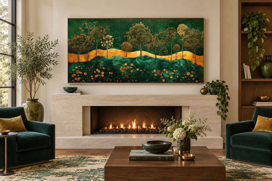 Emerald green and gold Art Nouveau framed canvas print with a tree motif above a modern fireplace.