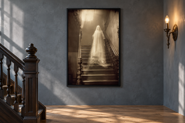 Framed canvas wall art of a ghostly figure on stairs, displayed in a moody room with wood floors.