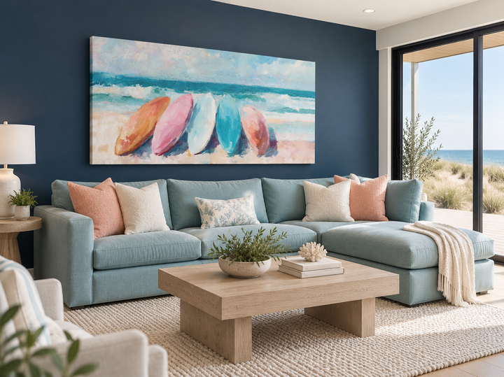Coastal canvas wall art with pastel surfboards above a blue sectional in a beach house living room.