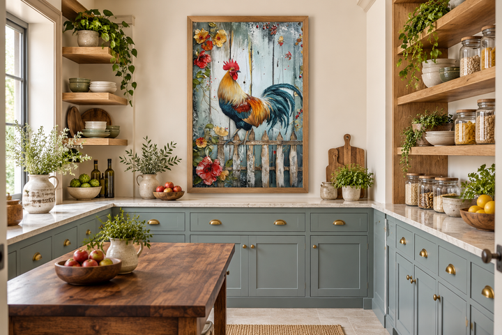 Rooster on a fence rustic farmhouse framed canvas wall art hanging in a kitchen above a counter.