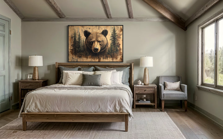 Grizzly Bear Portrait On Wood Rustic Framed Canvas Wall Art above wooden bed