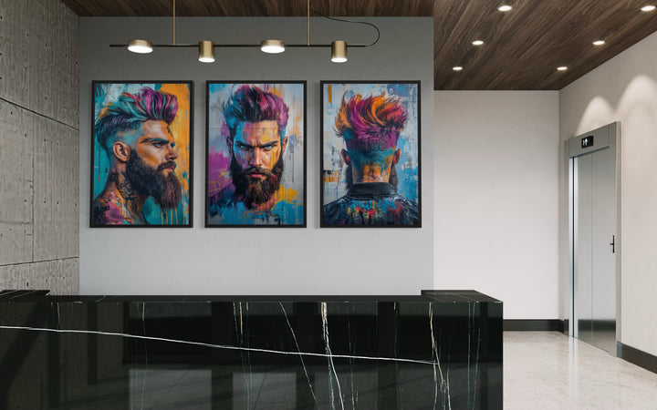 Rainbow Colored Bearded Man Barber Salon 3 Piece Framed Canvas Wall Art