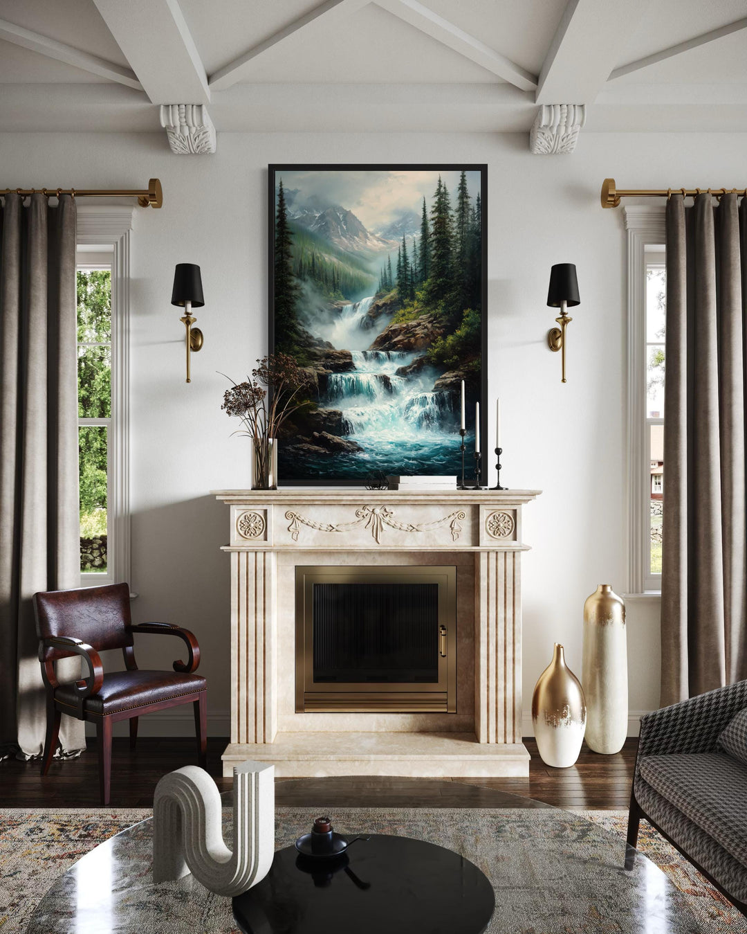 Vertical canvas wall art of a majestic mountain waterfall landscape framed above a fireplace.