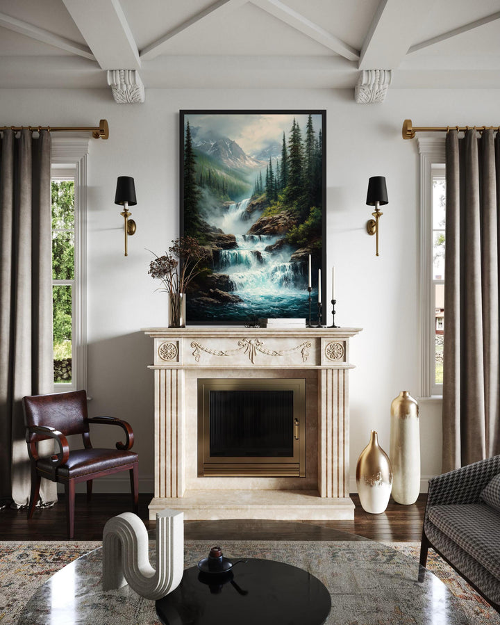 Vertical canvas wall art of a majestic mountain waterfall landscape framed above a fireplace.
