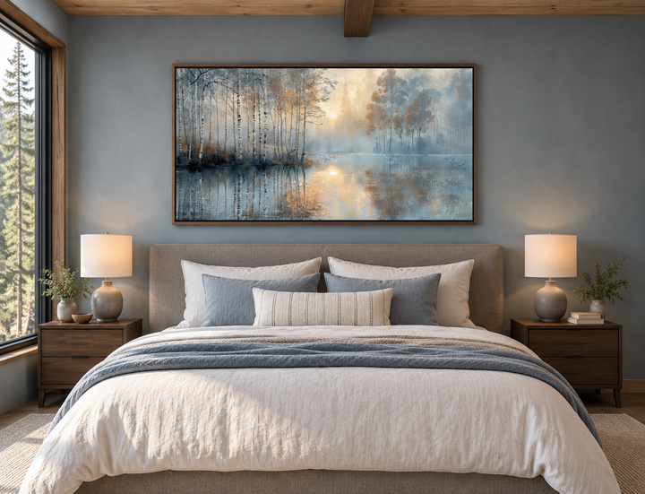Birch Trees Wall Art in a walnut frame above a bed in a modern minimalist bedroom.