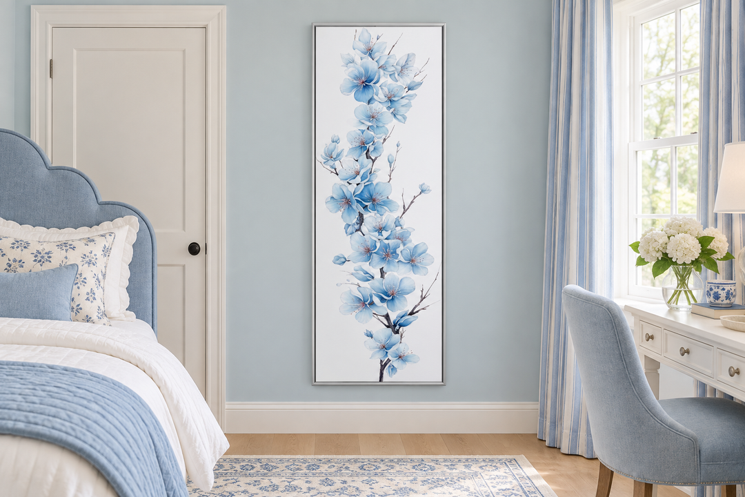 Vertical narrow canvas wall art featuring blue watercolor sakura blossoms on a white background.
