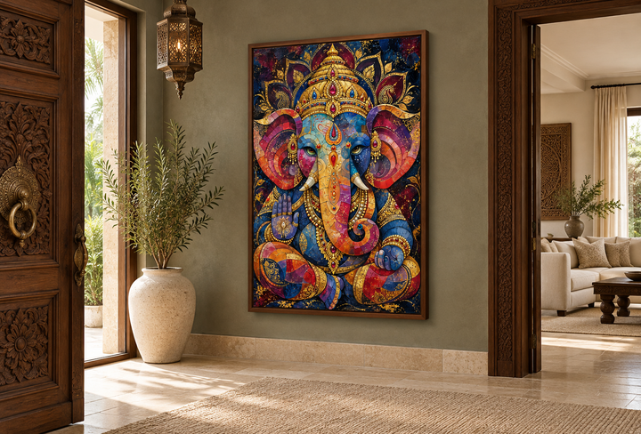 Colorful modern Lord Ganesha framed canvas wall art in a vibrant, mosaic-style portrait.