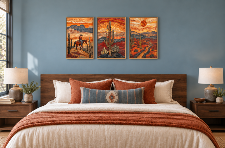 3 piece southwestern canvas wall art set with cowboy, saguaro cactus, and Arizona desert landscape.