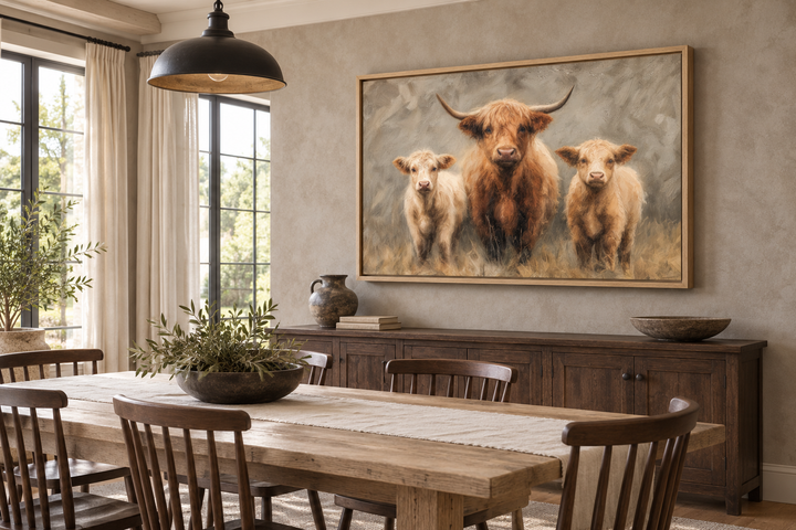 Highland Cow and Two Calves canvas wall art in a rustic oak frame above a wooden dining sideboard.