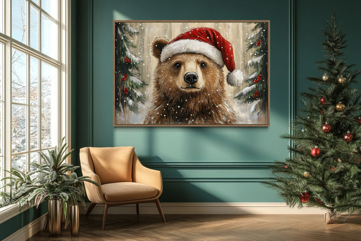 Christmas Bear In Santa's Hat Framed Canvas Wall Art in christmas room