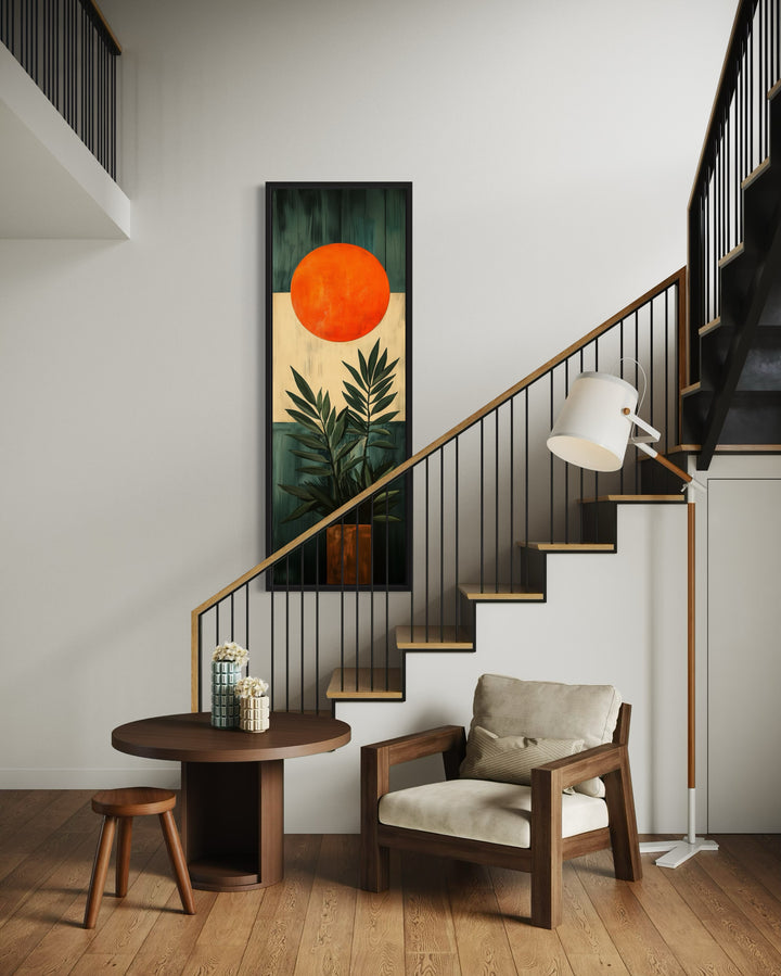 Mid Century Modern Vertical Narrow Orange Sun And Palm Leaves Framed Canvas Wall Art