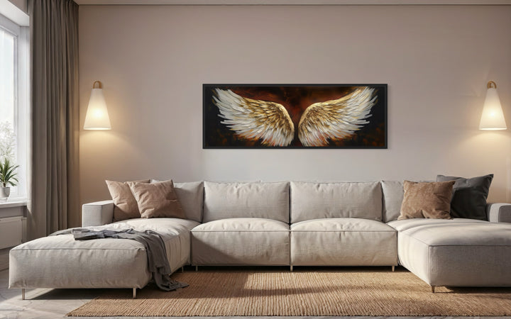 White Gold Angel Wings On Brown Background Horizontal Framed Canvas Wall Art