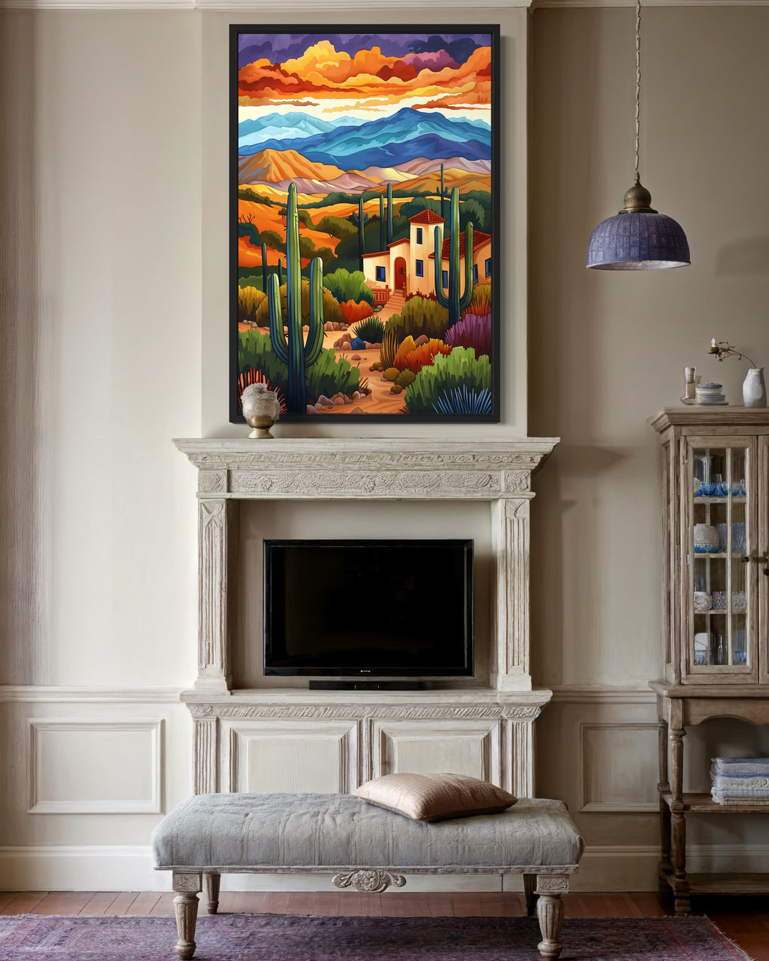 Southwestern Desert Landscape Colorful Canvas Wall Art above fireplace