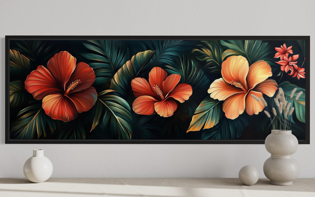 Long Narrow Tropical Flowers Framed Canvas Wall Art Above Bed close up