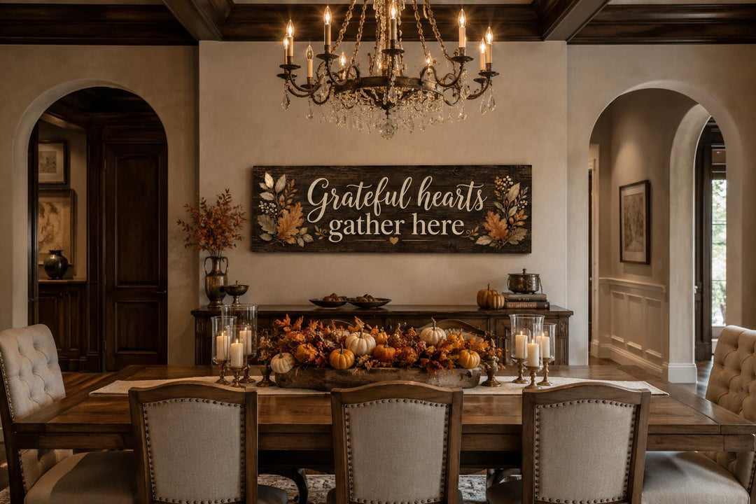 Grateful Hearts Gather Here farmhouse sign with fall leaves on a dark wood-toned canvas background.
