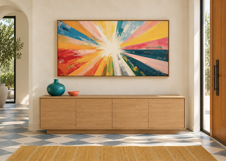 Boho sun rays wall art with multicolored rays in an oak frame above a wooden sideboard.