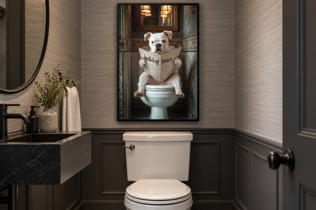 Framed wall art of an American Bulldog reading a newspaper while sitting on a toilet in a bathroom.
