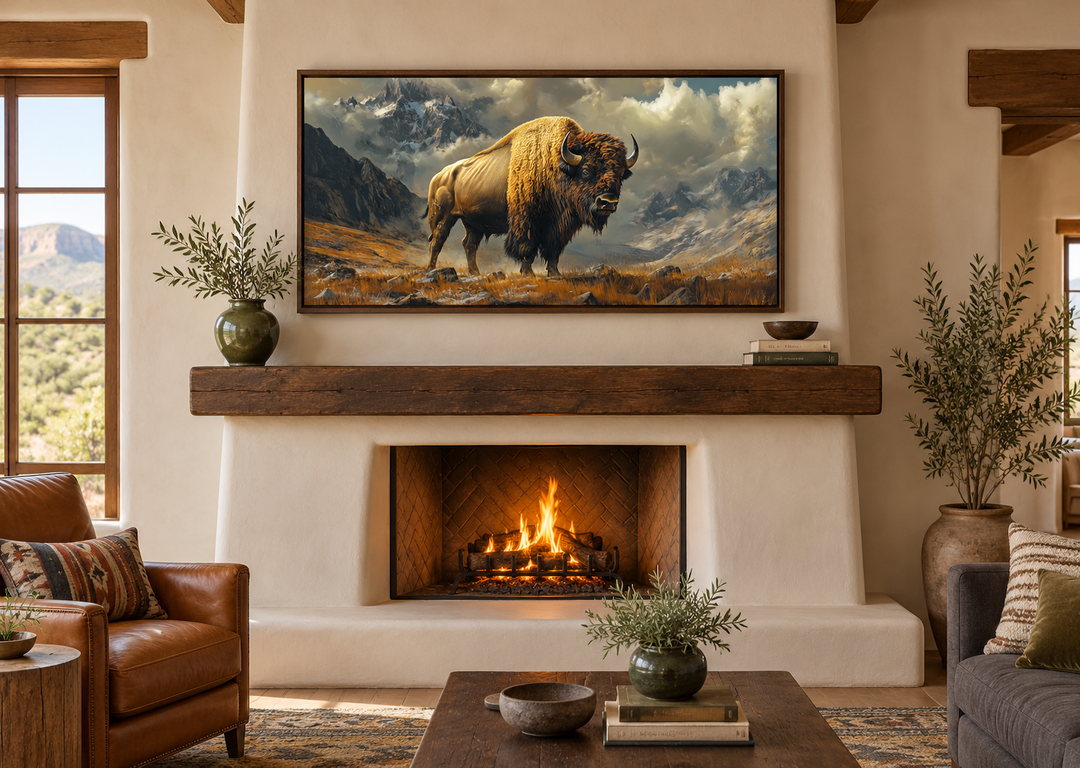 Framed canvas wall art of an American bison in mountains above a rustic fireplace.