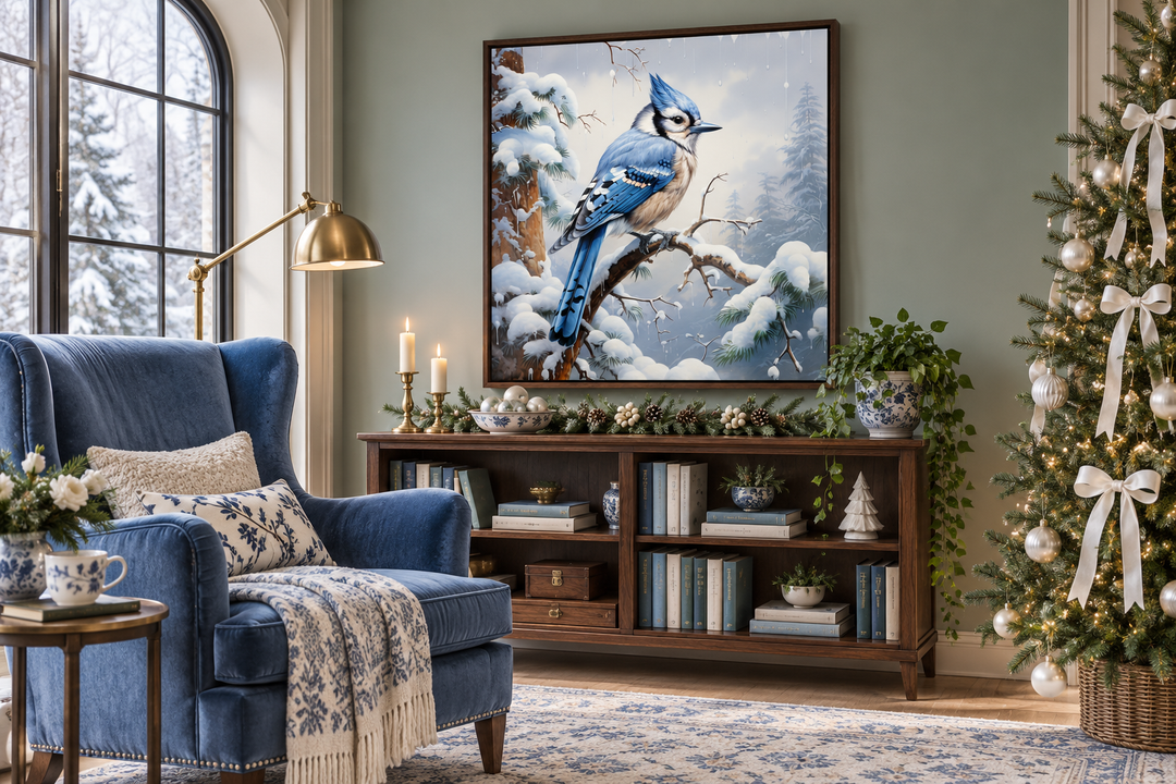Blue Jay In Snow Winter Framed Canvas Wall Art For Christmas Decor
