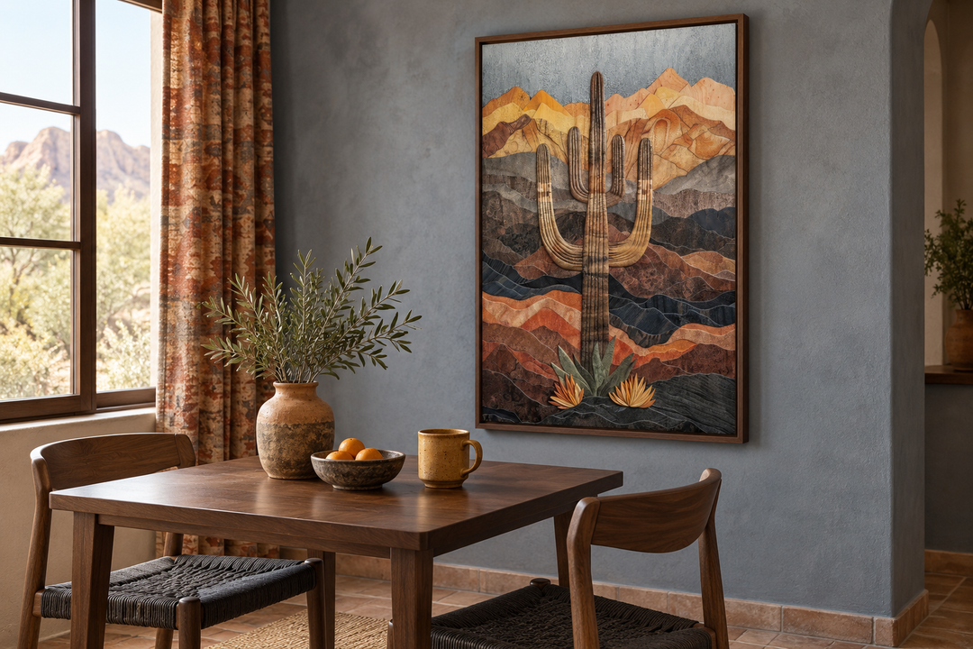 Saguaro cactus in the desert wood style southwestern wall art in a walnut frame over a dining table.
