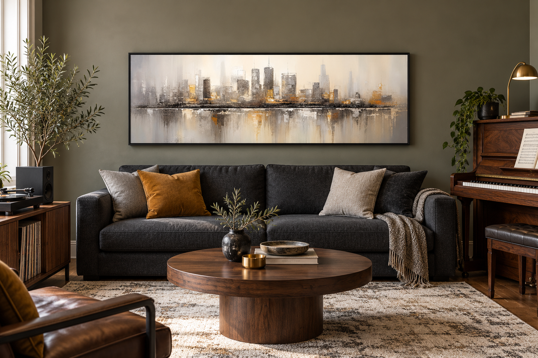 Gold and silver abstract Chicago skyline horizontal wall art in a black frame above a dark sofa.