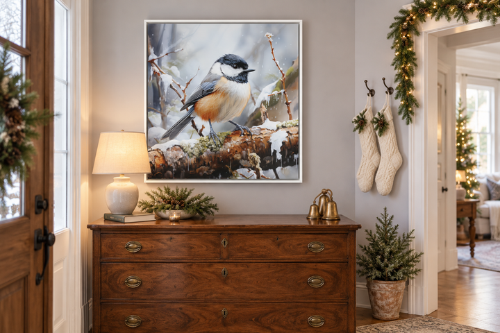 Toile encadrée représentant une mésange dans la neige en hiver 