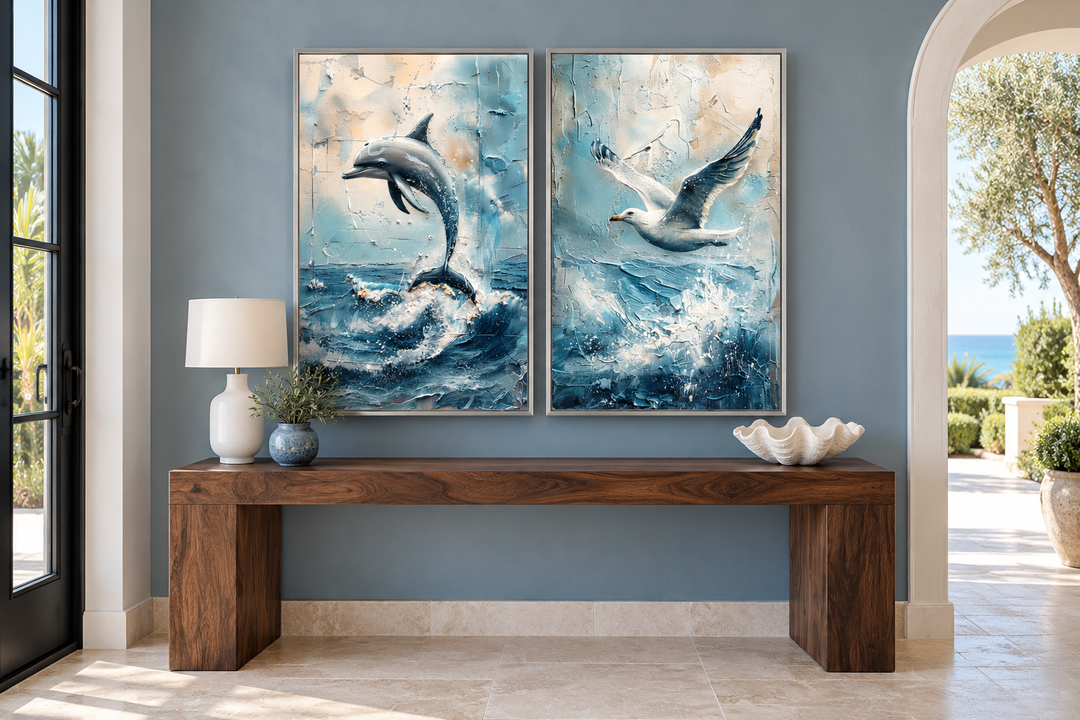 Set of 2 abstract coastal framed canvas art featuring a dolphin and a seagull in blue and white.