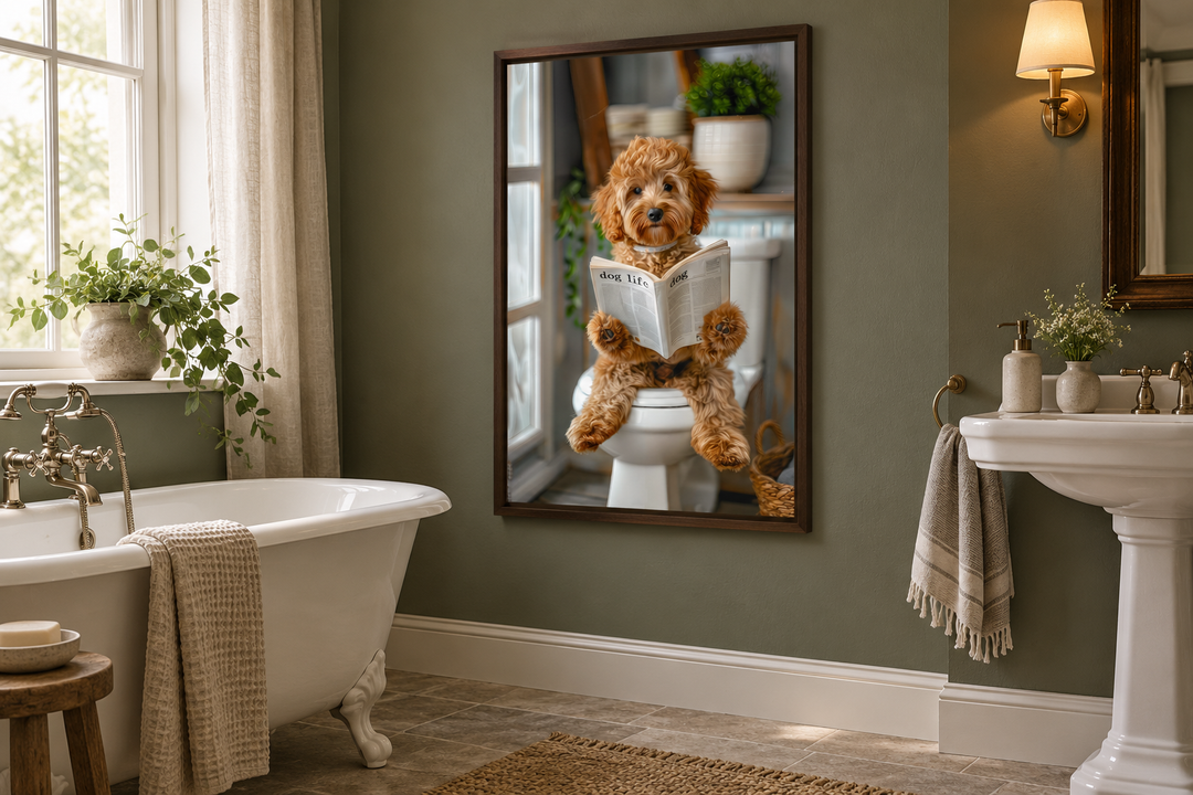 Framed wall art of a fluffy Cockapoo dog sitting on a toilet reading a newspaper in a bathroom.