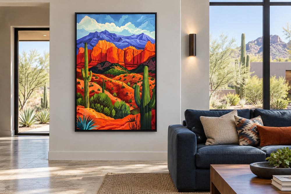 Colorful desert and saguaro cactus framed canvas wall art in a modern living room setting.