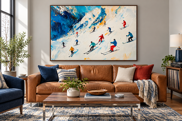 Colorful Skiers on Mountain Slope Framed Canvas Wall Art above a leather sofa in a modern lounge.