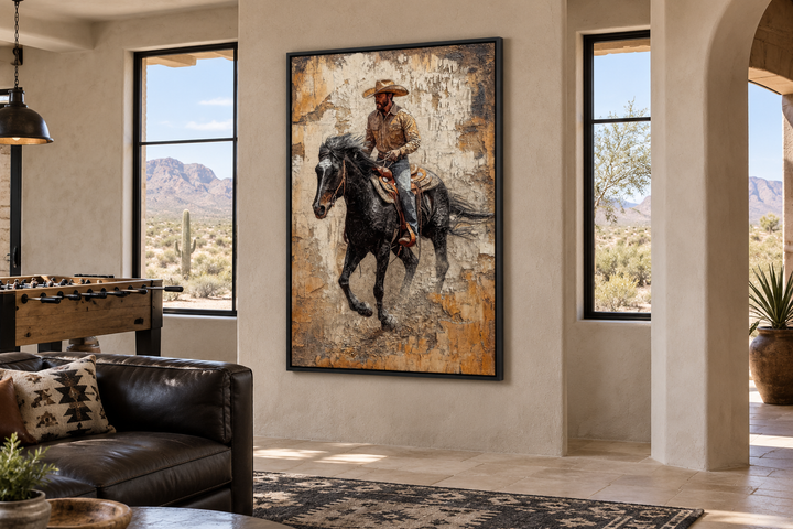 Cowboy on horseback canvas wall art in a black frame, displayed in a rustic western-style lounge.